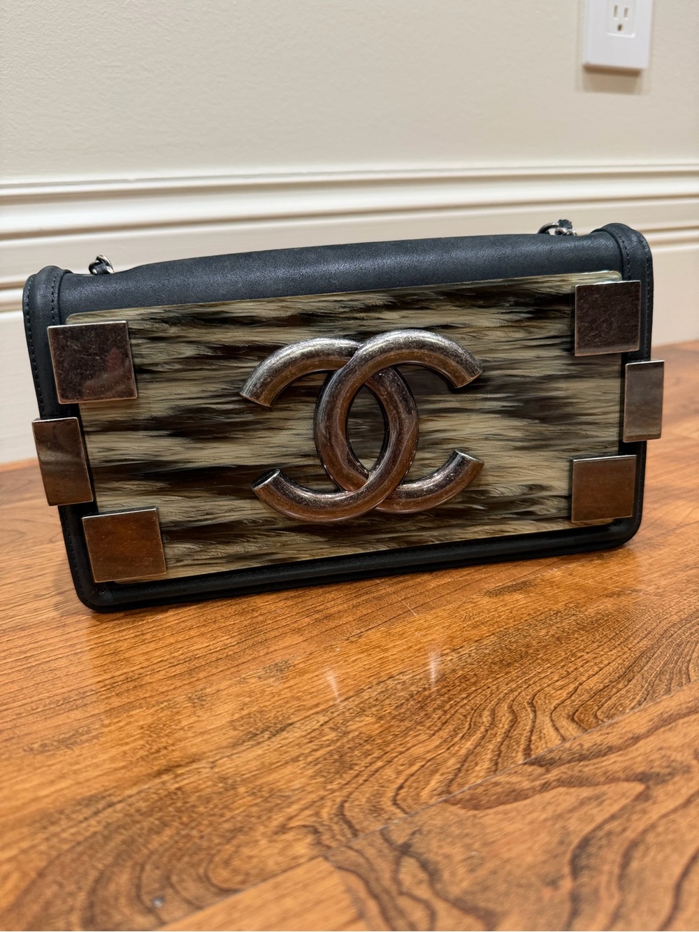 CHANEL Black Leather Crossbody with Brown Marbled Front & CC Logo